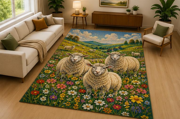 ICE ARMOR 5' x 7' Sheep Flower Field Area Rug Soft Low Pile Indoor Rug with Non Slip Silicone Backing Farmhouse Animal Decor Carpet for Living Room Bedroom Nursery Kids Room Green