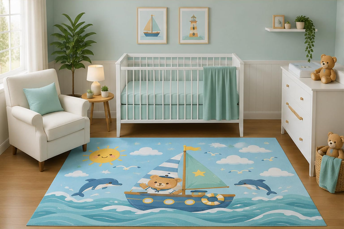 ICE ARMOR 5' x 7' Teddy Bear Sailboat Area Rug for Nursery Room, Cute Ocean Dolphins Sunshine Adventure Design for Baby Boy Playroom Decor, Non-Slip Silicone Backing Low Pile