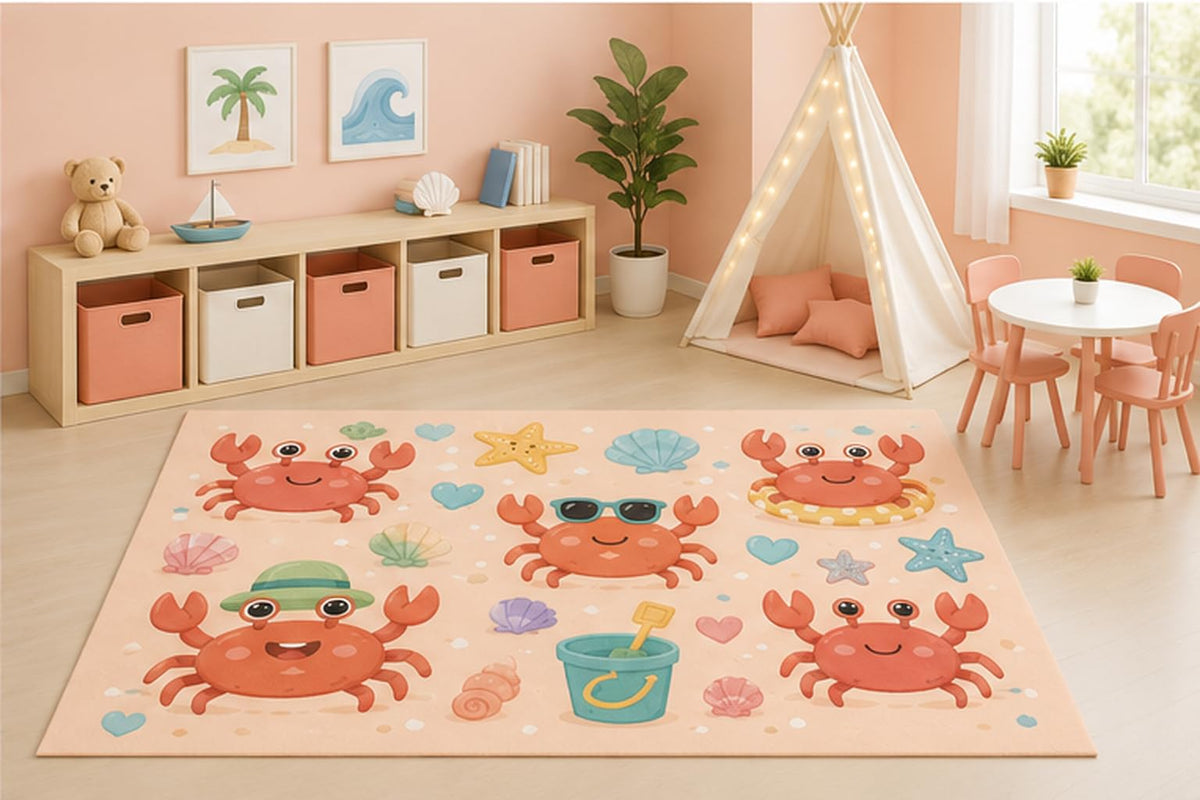 ICE ARMOR 5' x 7' Cute Crab Beach Area Rug for Kids Playroom Nursery Bedroom, Happy Crabs Seashells Sand Bucket Summer Ocean Cartoon Decor, Non-Slip Silicone Backing Low Pile