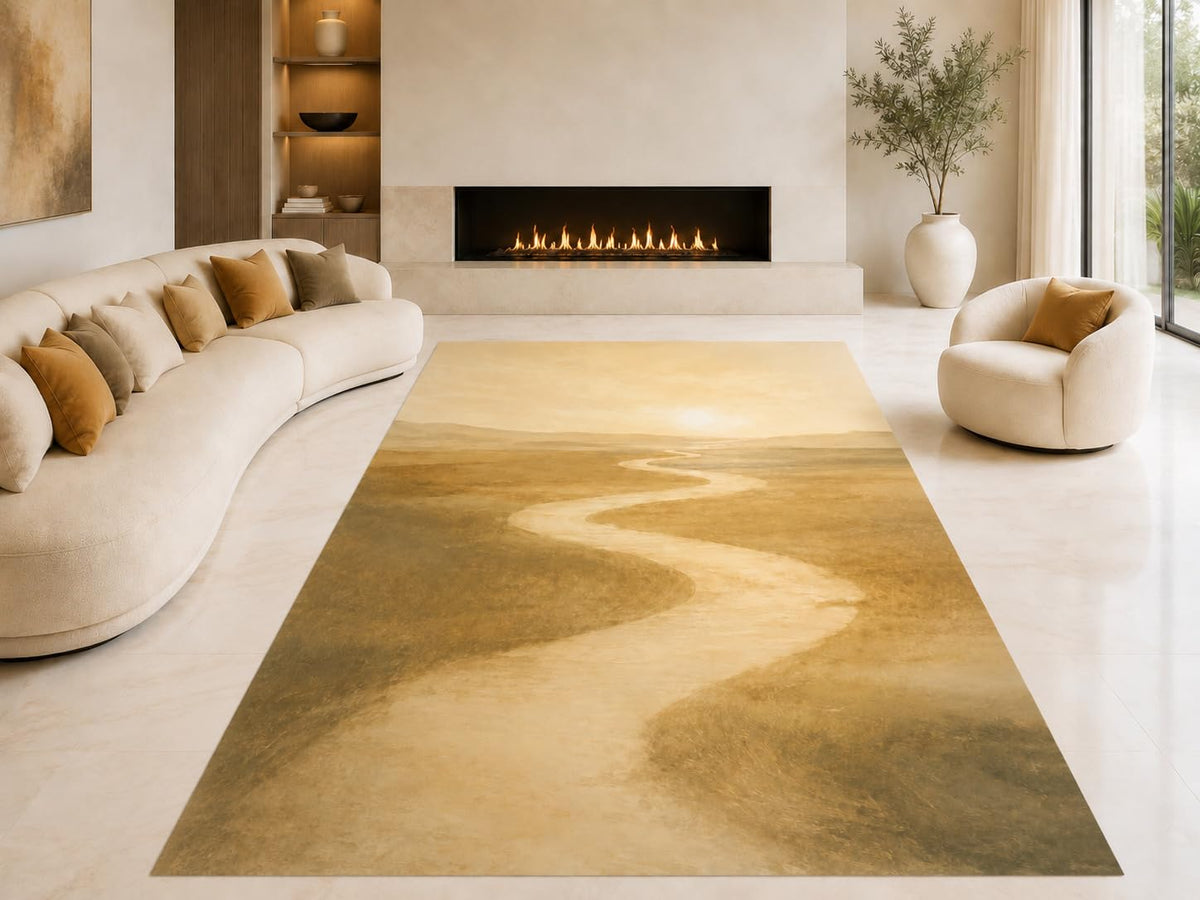 ICE ARMOR "Ultra Lightweight Large 6'7" x 9'10" Winding Desert Path Area Rug for Living Room, Bedroom and Home Office, Soft Low Pile Carpet with Non-Slip Silicone Backing, Mustard and Olive