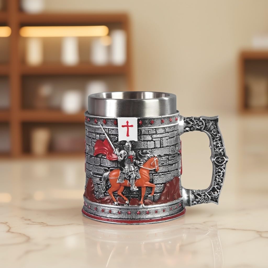ICE ARMOR 6.5"W Medieval Crusader Knight Stainless Steel/Resin Beer Mug Tankard – Vintage Drinkware Cup for Beer, Coffee, Juice, Ale & Beverages, Rustic Barware (Wash by hand only)