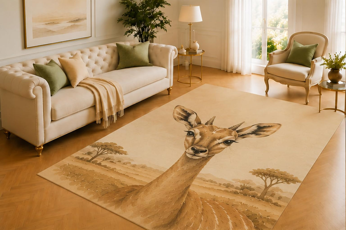 ICE ARMOR 5' x 7' Steenbok Rug, Delicate African Antelope with Acacia Tree Scenery, Smooth Printed Floor Cover for Living Room, Nursery, Bedroom and Safari Decor