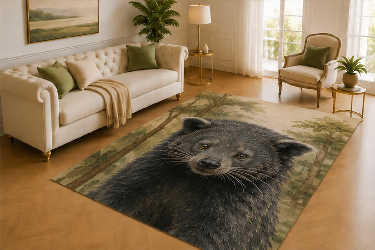 ICE ARMOR 5' x 7' Binturong Rug, Rare Asian Bearcat in Dense Forest Art, Smooth Printed Floor Cover for Bedroom, Study, Cabin, Nursery and Wildlife Decor