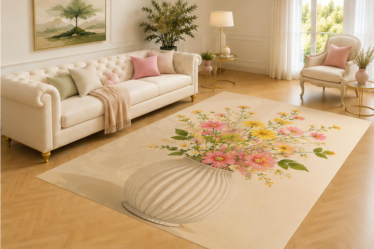 ICE ARMOR 5' x 7' Minimal Flower Vase Rug, Delicate Pink and Yellow Sprigs in a Ribbed Neutral Pot, Soft Botanical Decor for Bedroom, Office, Reading Nook or Entryway