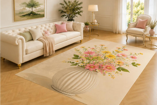 ICE ARMOR 5' x 7' Minimal Flower Vase Rug, Delicate Pink and Yellow Sprigs in a Ribbed Neutral Pot, Soft Botanical Decor for Bedroom, Office, Reading Nook or Entryway