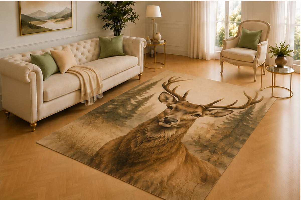 ICE ARMOR 5' x 7' Red Deer Rug, Antlered Forest Wildlife Artwork with Misty Trees, Smooth Printed Floor Cover for Living Room, Bedroom, Lodge and Country Decor