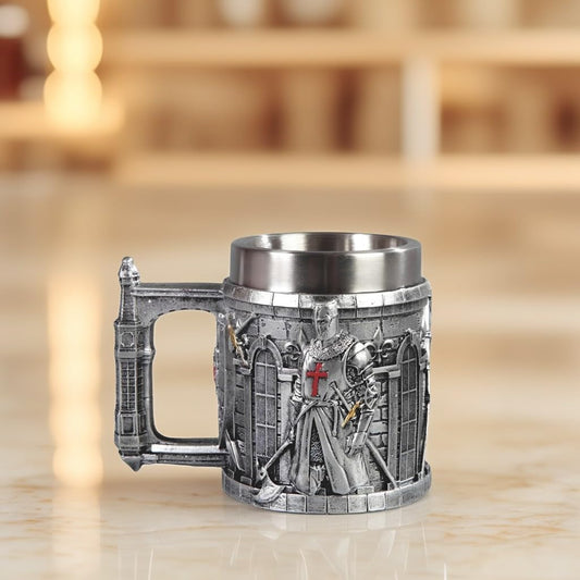 ICE ARMOR 6.5"W Medieval Knight Castle Stainless Steel/Resin Beer Mug Tankard – Vintage Drinkware Cup for Beer, Coffee, Juice, Ale & Beverages, Rustic Barware (Wash by hand only)