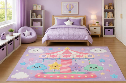 ICE ARMOR 5' x 7' Pastel Carousel Area Rug for Girls Bedroom Nursery Playroom Scandinavian Minimalist Carnival Fantasy Decor Non-Slip Silicone Backing Low Pile
