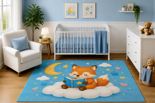 ICE ARMOR 5' x 7' Watercolor Sleeping Fox Reading Book Nursery Area Rug, Moon Cloud Stars Kids Bedroom Playroom Decor Carpet, Non-Slip Silicone Backing Low Pile