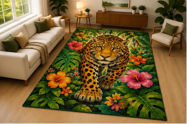 ICE ARMOR 5' x 7' Leopard Rainforest Flower Area Rug Soft Low Pile Indoor Rug with Non Slip Silicone Backing Jungle Animal Decor Carpet for Living Room Bedroom Office Family Room Green