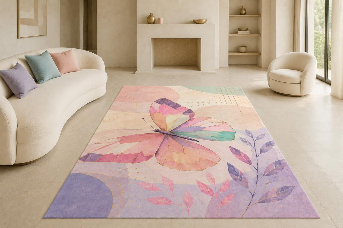ICE ARMOR "Ultra Lightweight Large 6'7" x 9'10" Pastel Butterfly Area Rug for Living Room, Bedroom and Home Office, Soft Low Pile Carpet with Non-Slip Silicone Backing, Pink and Purple