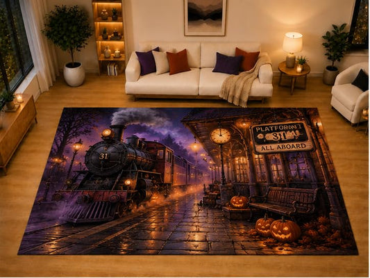 ICE ARMOR "Ultra Light Weight Large 6'7" x 9'10" Haunted Train Station Area Rug for Living Room Bedroom Dining Area, Soft Low Pile Non-Slip Backing, Purple Orange Black Vintage Railway Decor
