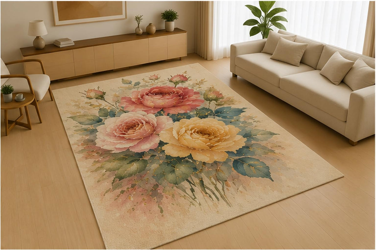 ICE ARMOR 5' x 7' Water Lily Lotus Pond Area Rug, Soft Low Pile Indoor Rug with Non-Slip Silicone Backing for Living Room, Bedroom, Dining Room, Office, Family Room, Green