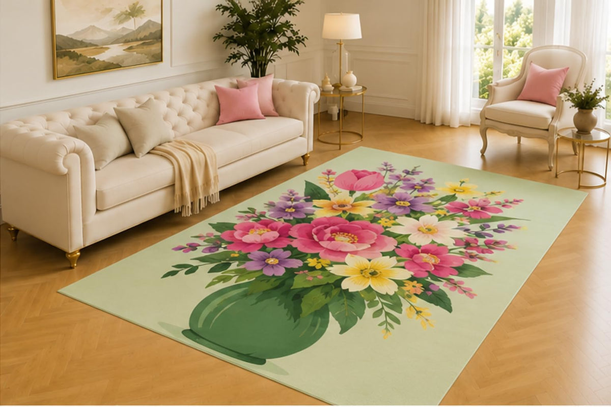 ICE ARMOR 5' x 7' Floral Bouquet Rug, Pink, Purple, Yellow and White Blooms Arranged in a Green Vase, Fresh Floor Decor for Bedroom, Entryway or Sunroom