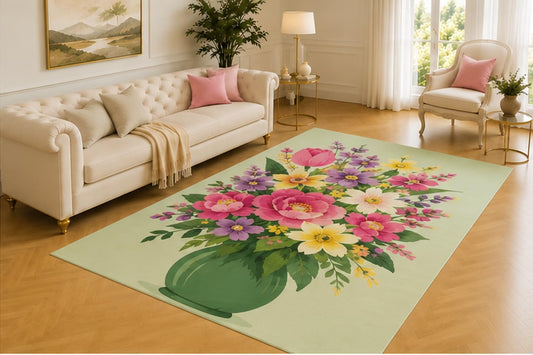 ICE ARMOR 5' x 7' Floral Bouquet Rug, Pink, Purple, Yellow and White Blooms Arranged in a Green Vase, Fresh Floor Decor for Bedroom, Entryway or Sunroom