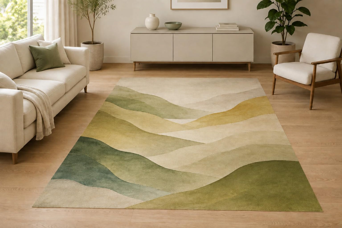 ICE ARMOR 5' x 7' Abstract Rolling Hills Area Rug for Living Room, Soft Low Pile Indoor Rug with Non-Slip Silicone Backing, Bedroom, Office, Family Room, Sage Green Beige