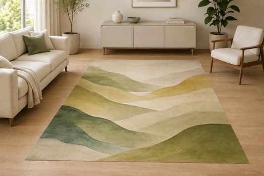 ICE ARMOR 5' x 7' Abstract Rolling Hills Area Rug for Living Room, Soft Low Pile Indoor Rug with Non-Slip Silicone Backing, Bedroom, Office, Family Room, Sage Green Beige