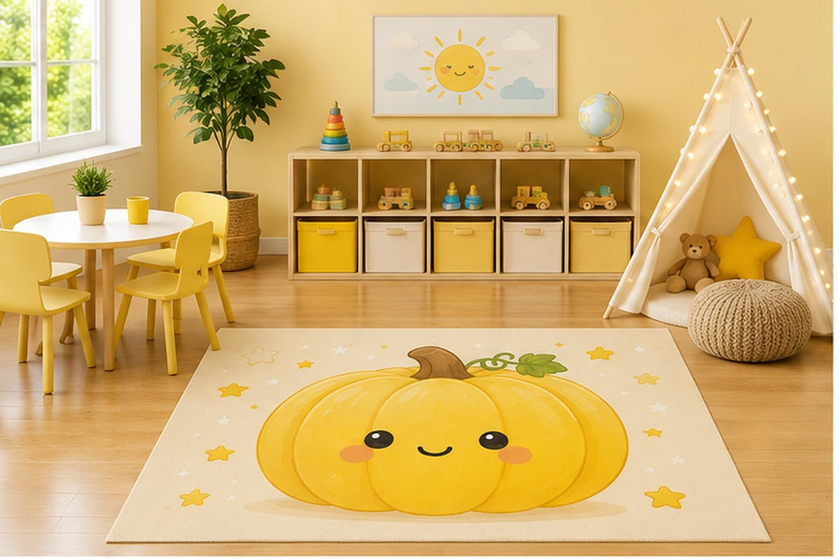 ICE ARMOR 5' x 7' Smiling Yellow Pumpkin Kids Area Rug, Cute Kawaii Pumpkin Stars Minimal Cartoon Playroom Nursery Bedroom Baby Room Decor, Non-Slip Silicone Backing Low Pile