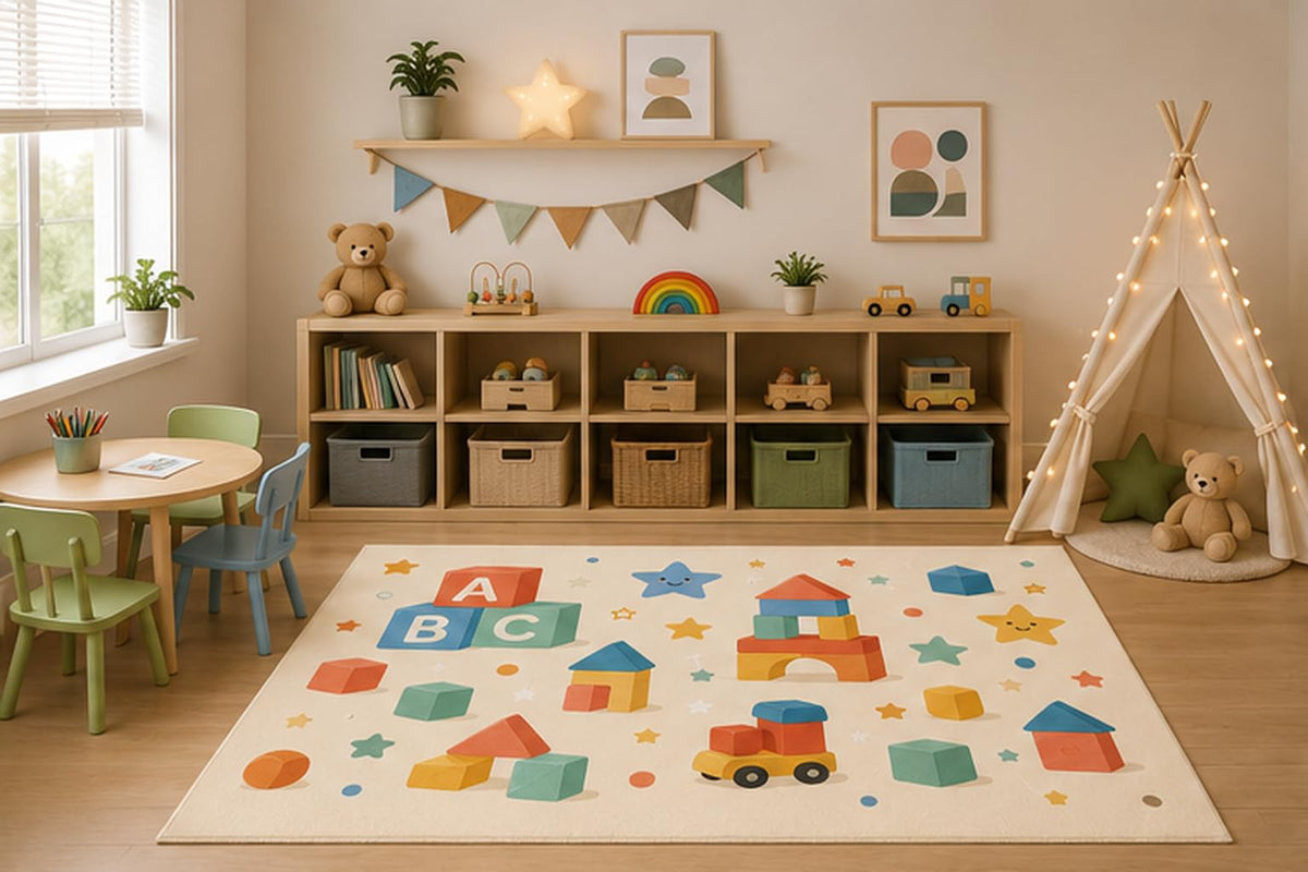 ICE ARMOR 5' x 7' Educational ABC Building Blocks Area Rug for Kids Playroom Classroom Nursery Bedroom, Learning Toys Cartoon Carpet, Non-Slip Silicone Backing Low Pile