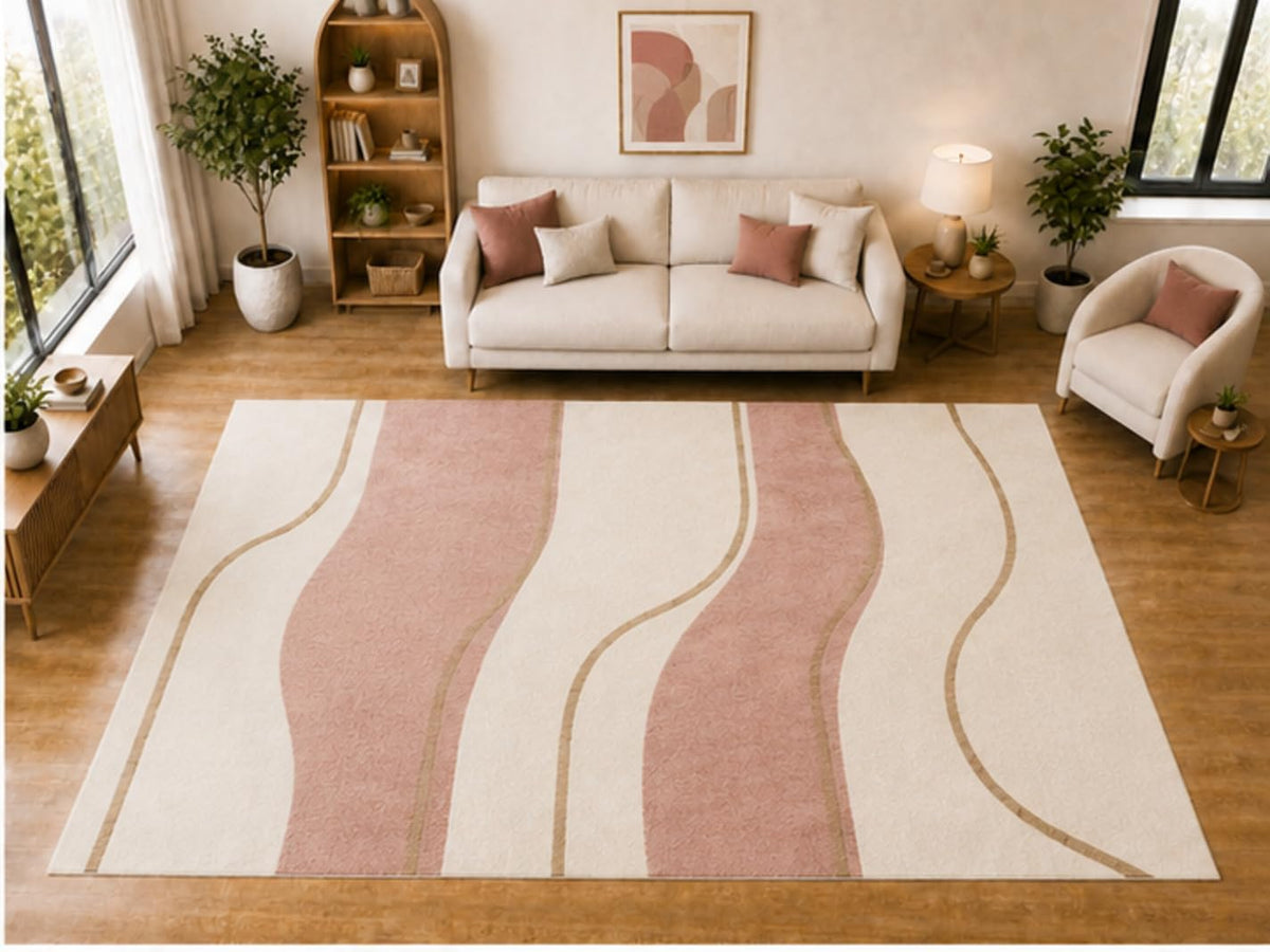ICE ARMOR "Ultra Light Weight Large 6'7 x 9'10 Blush Wavy Stripe Pattern Area Rug for Living Room Bedroom Dining Room Soft Low Pile Indoor Carpet Modern Contemporary Floor Decor