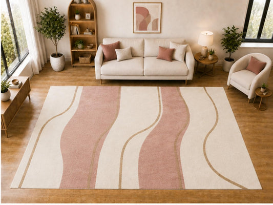 ICE ARMOR "Ultra Light Weight Large 6'7 x 9'10 Blush Wavy Stripe Pattern Area Rug for Living Room Bedroom Dining Room Soft Low Pile Indoor Carpet Modern Contemporary Floor Decor