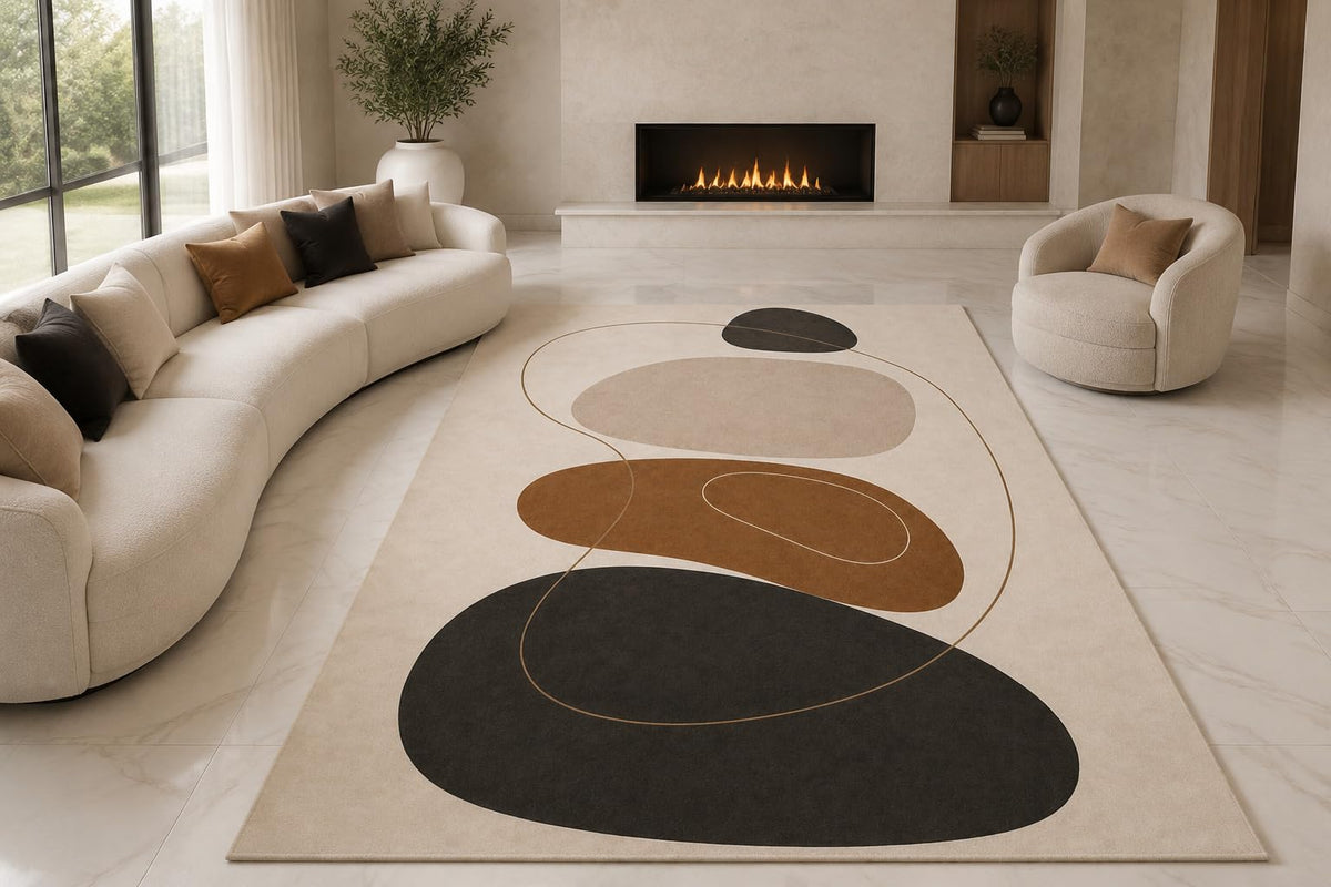 ICE ARMOR "Ultra Lightweight Large 6'7" x 9'10" Retro Pebble Shapes Area Rug for Living Room, Bedroom and Home Office, Soft Low Pile Carpet with Non-Slip Silicone Backing, Beige and Brown