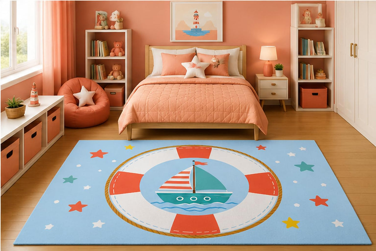 ICE ARMOR 5' x 7' Sailboat Lifebuoy Nautical Area Rug for Kids Bedroom Nursery Playroom Scandinavian Minimalist Coastal Ocean Beach Decor Non-Slip Silicone Backing Low Pile