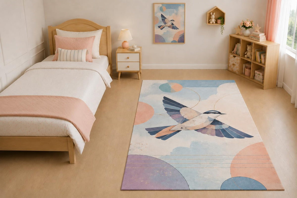 ICE ARMOR "Ultra Light Weight 5' x 7' Geometric Flying Bird Area Rug for Living Room, Bedroom and Home Office, Soft Low Pile Carpet with Non-Slip Silicone Backing, Blue and Peach