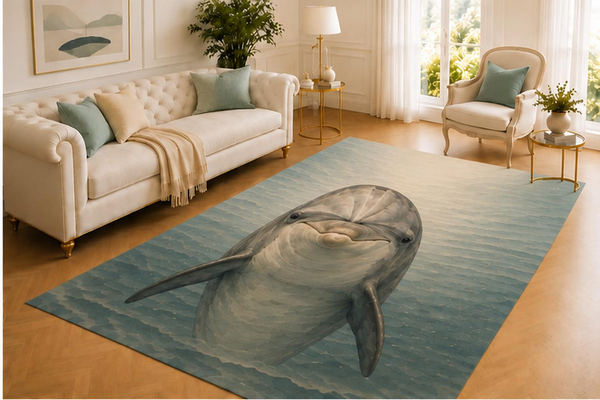 ICE ARMOR 5' x 7' Dolphin Rug, Friendly Marine Animal Swimming in Calm Blue Water, Smooth Printed Floor Cover for Living Room, Bedroom, Nursery and Coastal Decor