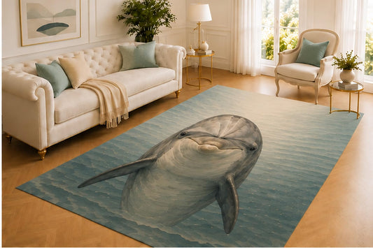 ICE ARMOR 5' x 7' Dolphin Rug, Friendly Marine Animal Swimming in Calm Blue Water, Smooth Printed Floor Cover for Living Room, Bedroom, Nursery and Coastal Decor