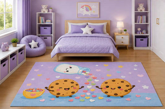 ICE ARMOR 5' x 7' Cute Cookies and Spilled Candy Hearts Area Rug for Kids Bedroom Nursery Playroom Scandinavian Minimalist Kawaii Dessert Decor Non-Slip Silicone Backing Low Pile