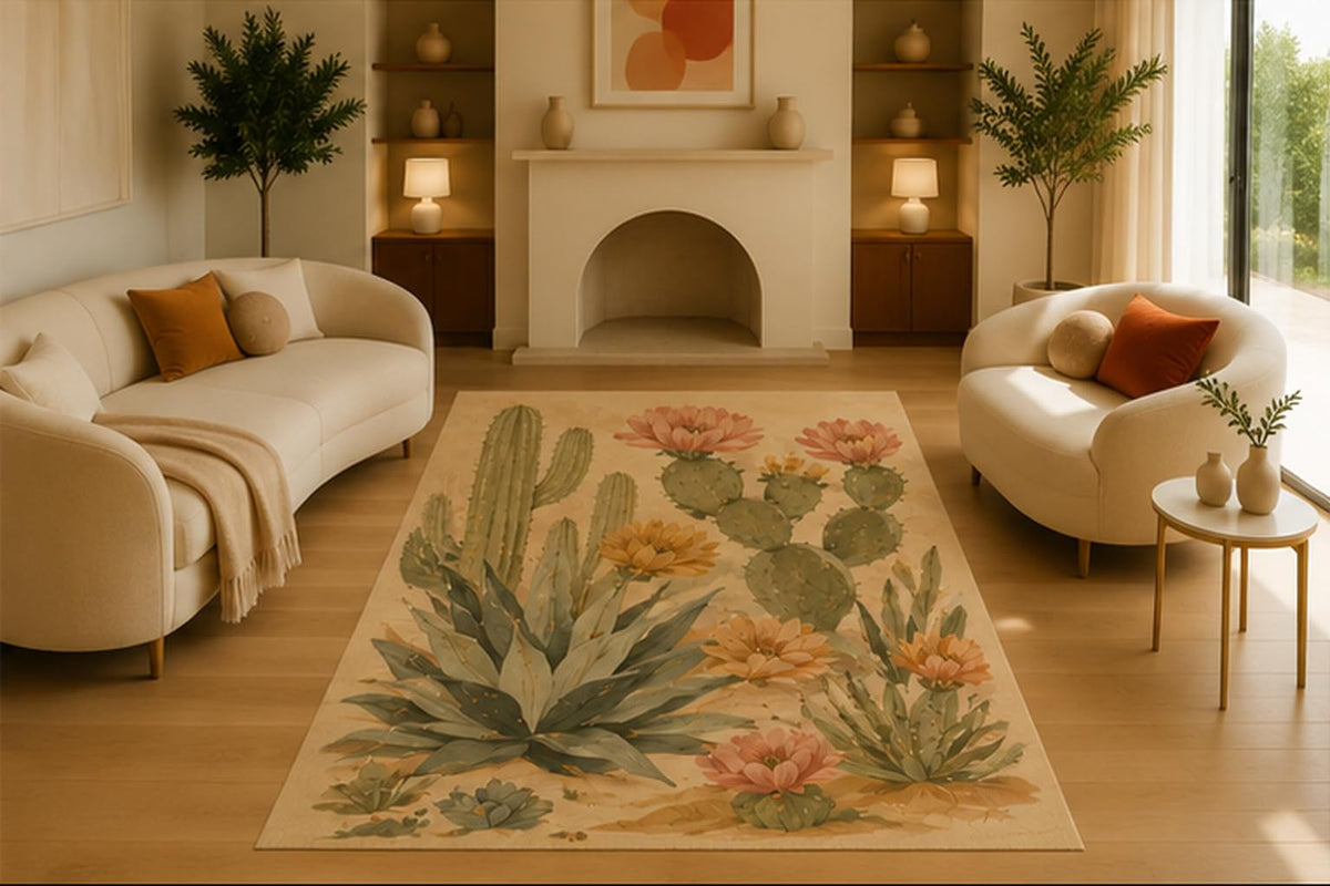 ICE ARMOR 5' x 7' Desert Cactus Bloom Area Rug, Soft Low Pile Indoor Rug with Non-Slip Silicone Backing, Decorative Carpet for Living Room, Bedroom, Botanical