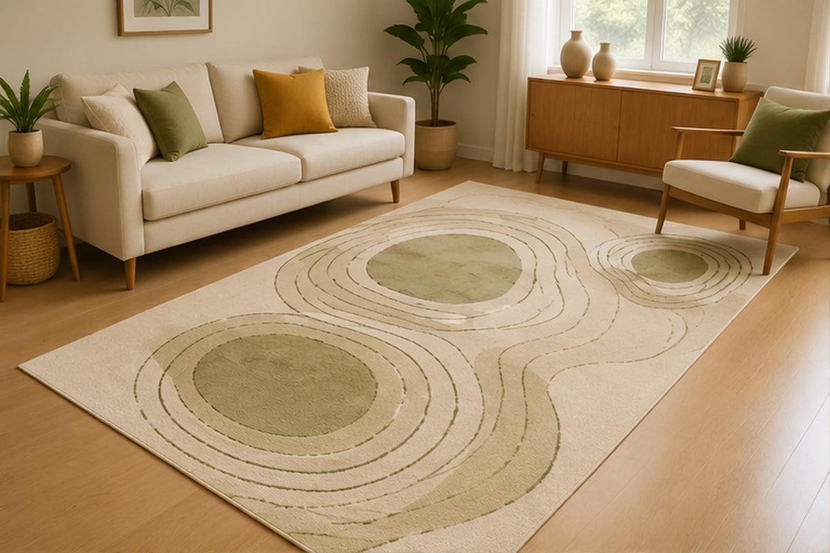 ICE ARMOR 5' x 7' Abstract Concentric Circle Area Rug for Living Room, Soft Low Pile Indoor Rug with Non-Slip Silicone Backing, Modern Carpet for Bedroom, Office, Family Room, Sage Green Ivory