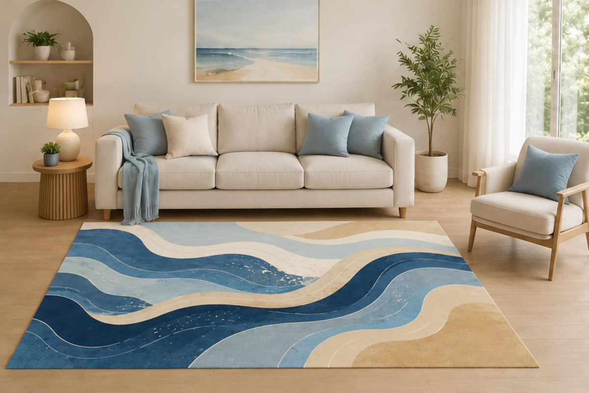ICE ARMOR 5' x 7' Coastal Wave Area Rug, Blue Beige Abstract Ocean Inspired Design for Living Room Bedroom Office, Non-Slip Silicone Backing, Low Pile Carpet