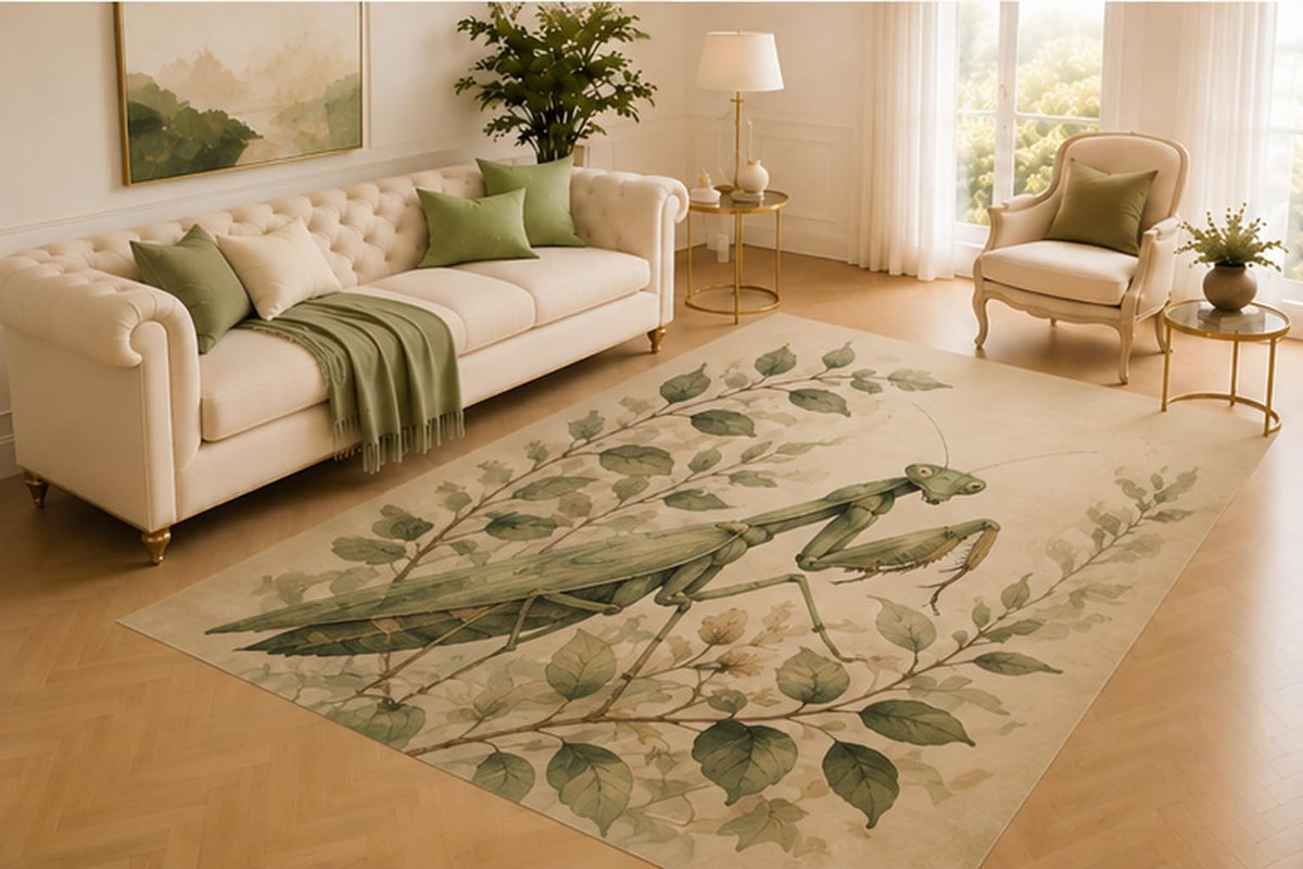 ICE ARMOR 5' x 7' Praying Mantis Rug, Detailed Green Insect Resting Among Delicate Leaves, Soft Floor Cover for Living Room, Bedroom, Study and Botanical Decor