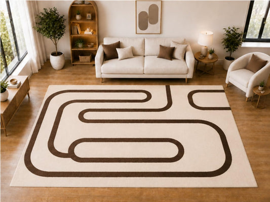 ICE ARMOR "Ultra Light Weight Large 6'7 x 9'10 Brown Maze Line Pattern Area Rug for Living Room Bedroom Dining Room Soft Low Pile Indoor Carpet Modern Minimalist Floor Decor