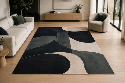 ICE ARMOR "Ultra Light Weight Large 6'7" x 9'10" Modern Curved Geometric Area Rug, Soft Low Pile Indoor Rug with Non-Slip Silicone Backing for Living Room, Black Gray
