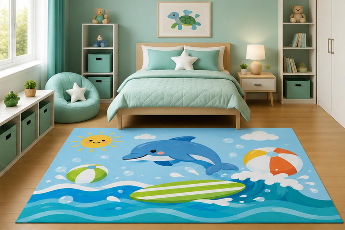ICE ARMOR 5' x 7' Cute Dolphin Beach Ball Area Rug for Kids Bedroom Nursery Playroom Scandinavian Minimalist Ocean Coastal Surf Decor Non-Slip Silicone Backing Low Pile