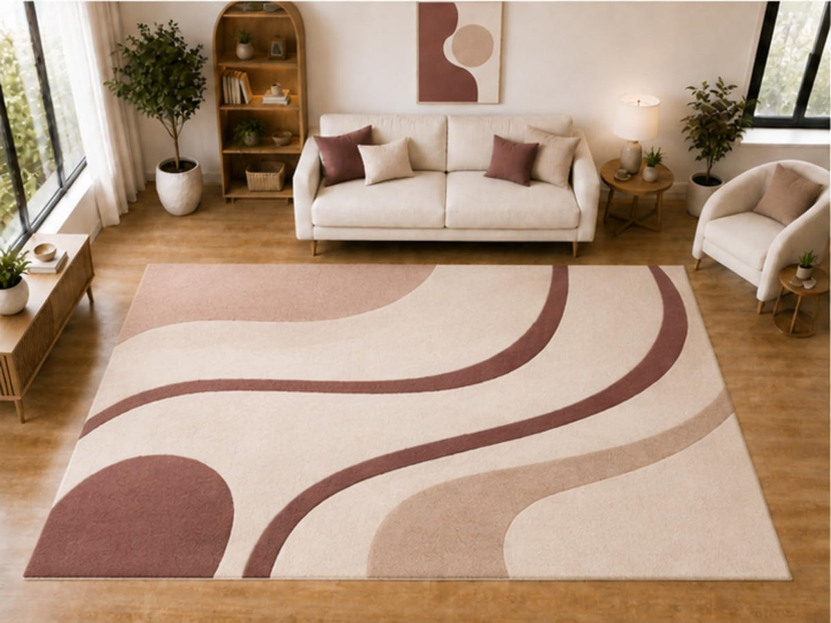 ICE ARMOR "Ultra Light Weight Large 6'7 x 9'10 Blush Curved Line Pattern Area Rug for Living Room Bedroom Dining Room Soft Low Pile Indoor Carpet Modern Contemporary Floor Decor