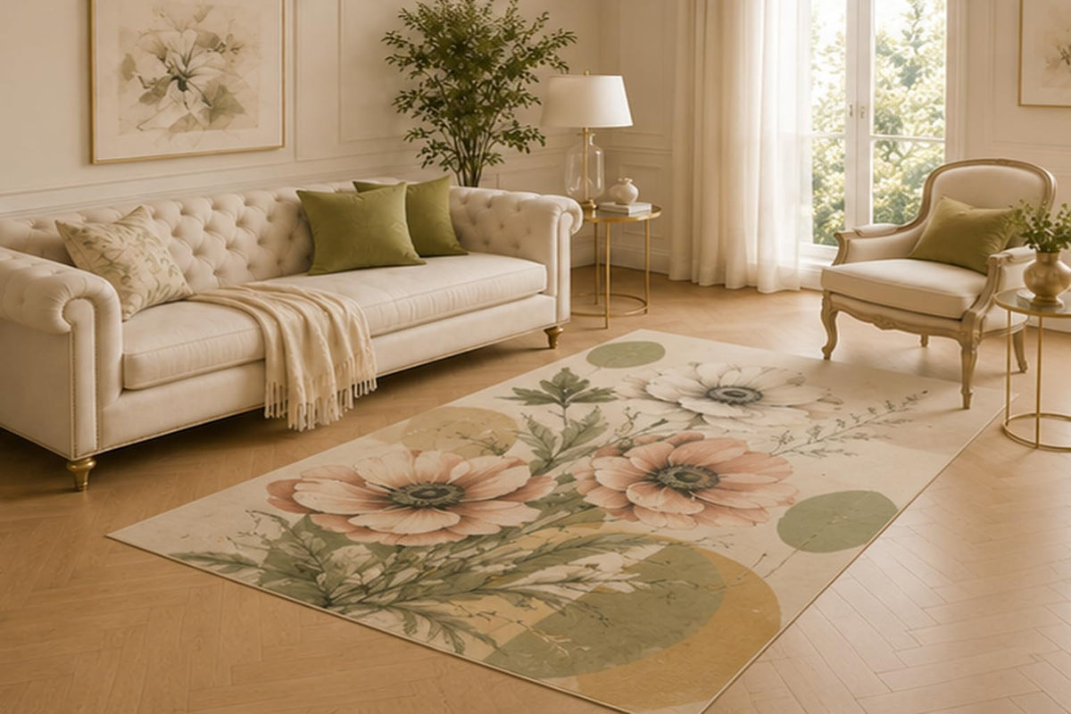 ICE ARMOR 5' x 7' Peach Floral Botanical Area Rug for Living Room, Soft Low Pile Indoor Carpet with Non-Slip Backing for Bedroom, Dining Room, Office, Beige