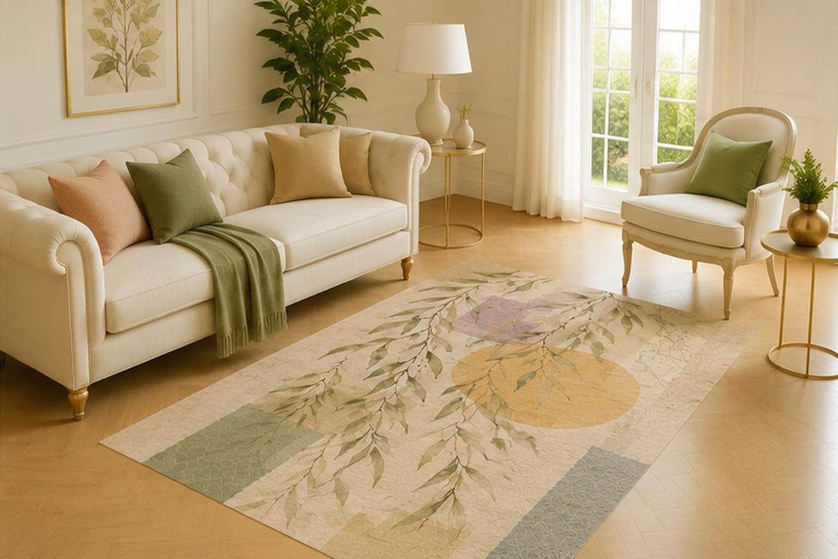 ICE ARMOR 5' x 7' Willow Leaf Modern Collage Area Rug for Living Room, Soft Low Pile Carpet with Non-Slip Silicone Backing for Bedroom, Hallway, Office, Kids and Pets