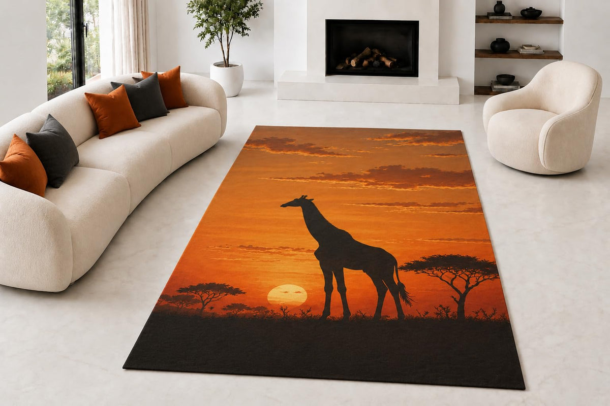 ICE ARMOR "Ultra Lightweight Large 6'7" x 9'10" Savanna Sunset Area Rug for Living Room, Bedroom and Home Office, Soft Low Pile Carpet with Non-Slip Silicone Backing, Orange and Black
