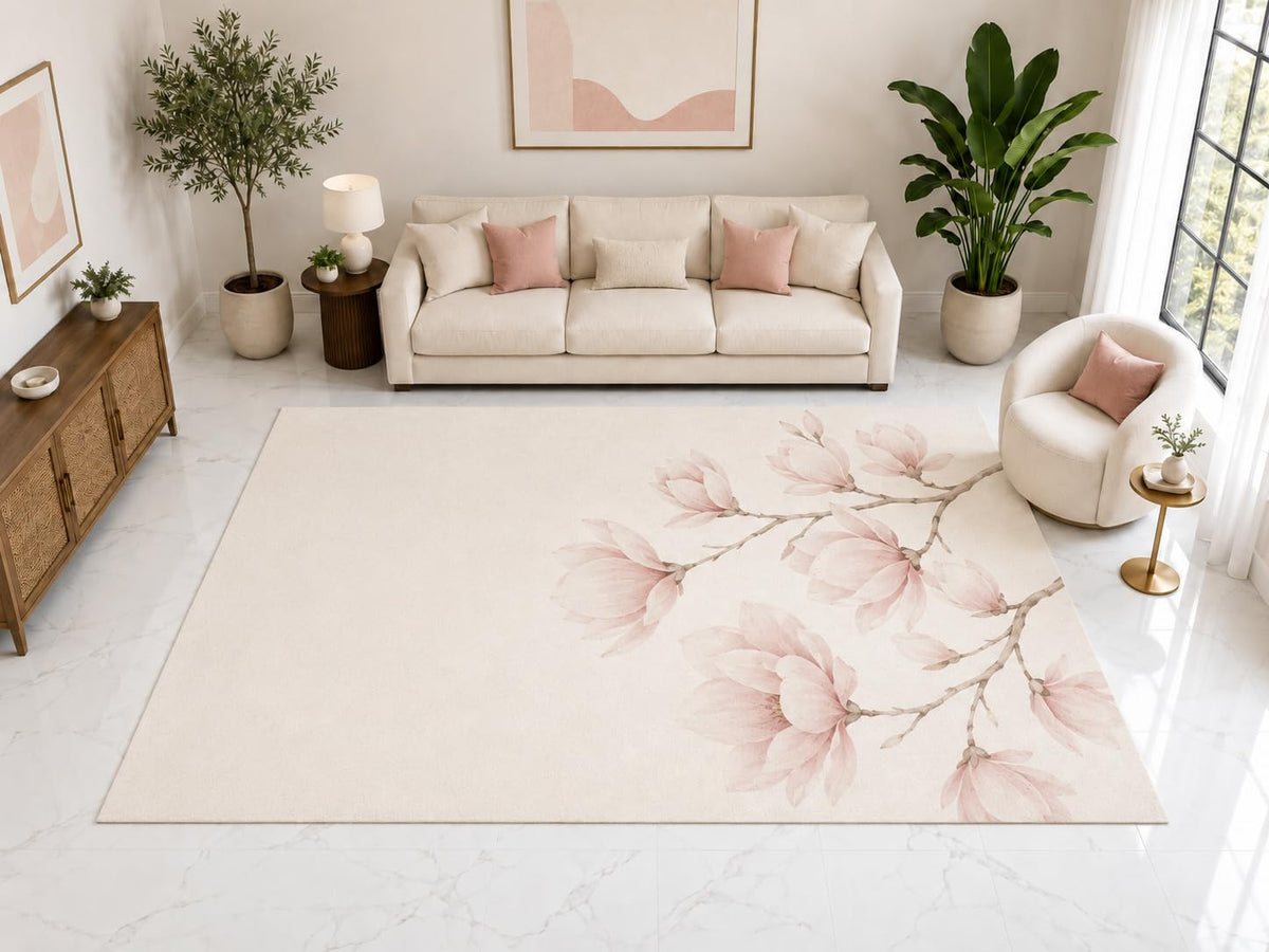 ICE ARMOR "Ultra Light Weight Large 6'7" x 9'10" Magnolia Floral Rug, Soft Low Pile Indoor Rug, Non-Slip Silicone Backing for Living Room Pink Cream