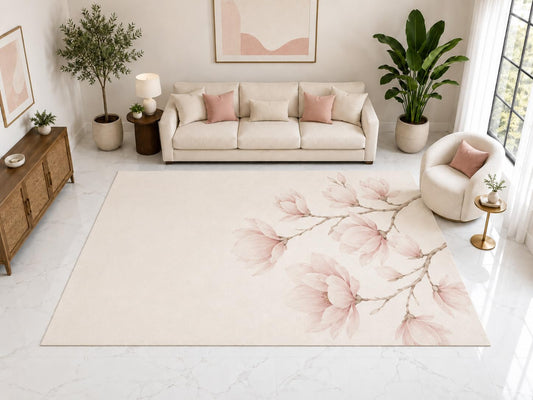 ICE ARMOR "Ultra Light Weight Large 6'7" x 9'10" Magnolia Floral Rug, Soft Low Pile Indoor Rug, Non-Slip Silicone Backing for Living Room Pink Cream