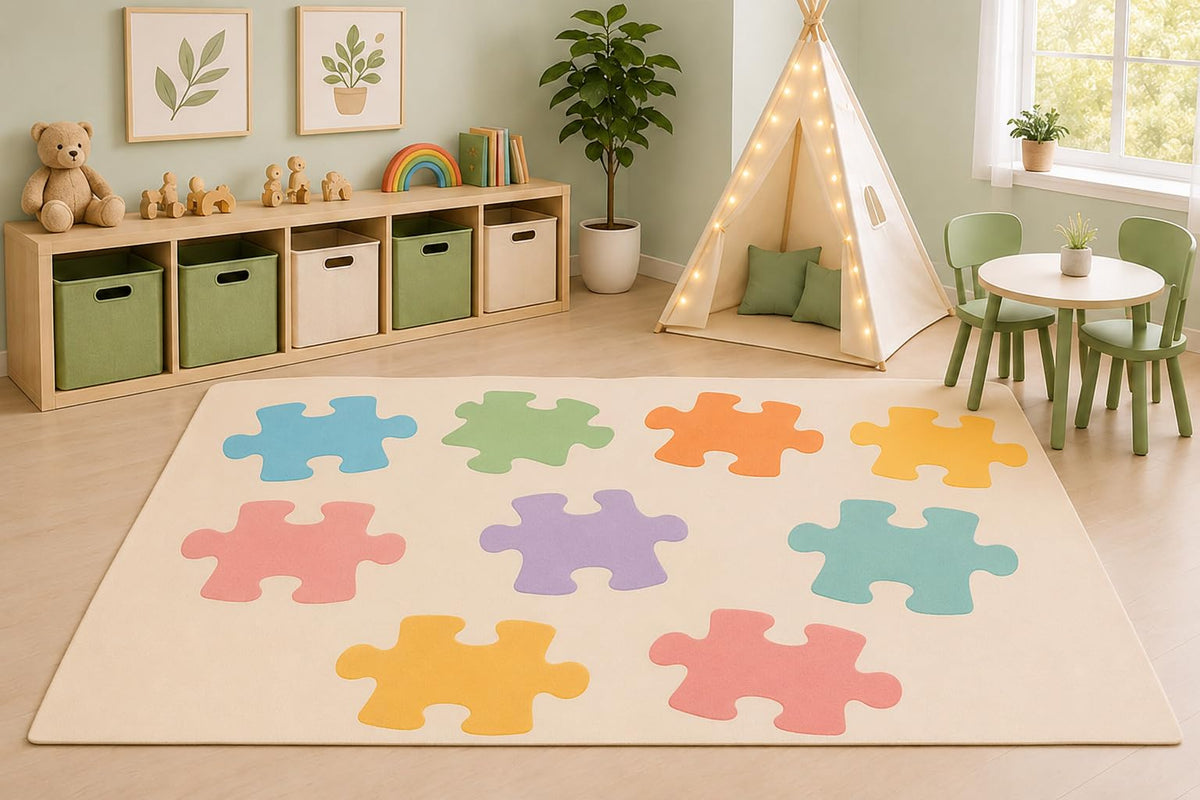 ICE ARMOR 5' x 7' Colorful Puzzle Pieces Area Rug for Kids Playroom Nursery Bedroom, Educational Pastel Cartoon Learning Carpet, Non-Slip Silicone Backing Low Pile