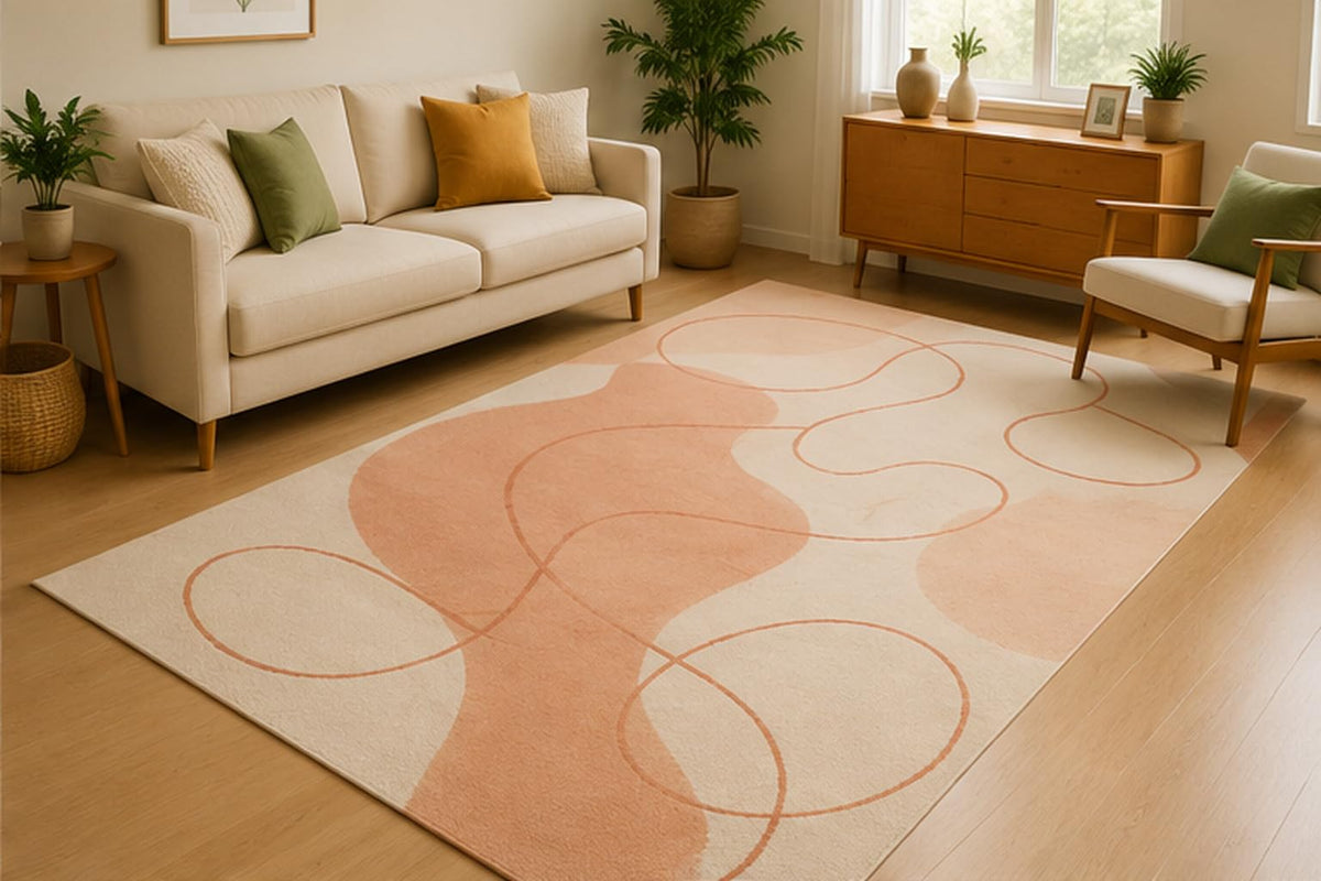 ICE ARMOR 5' x 7' Abstract Organic Circle Area Rug for Living Room, Soft Low Pile Indoor Rug with Non-Slip Silicone Backing, Contemporary Carpet for Bedroom, Office, Family Room, Blush Peach Ivory
