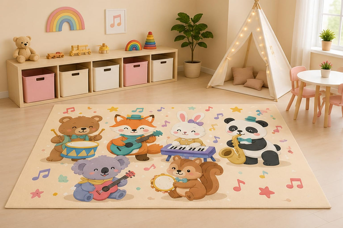 ICE ARMOR 5' x 7' Animal Music Band Area Rug for Kids Playroom Nursery Bedroom, Bear Fox Bunny Panda Koala Musical Instruments Cartoon Decor, Non-Slip Silicone Backing Low Pile