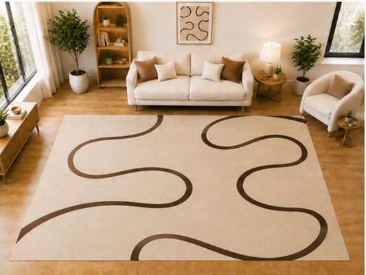 ICE ARMOR "Ultra Light Weight Large 6'7 x 9'10 Brown Curved Line Pattern Area Rug for Living Room Bedroom Dining Room Soft Low Pile Indoor Carpet Modern Minimalist Floor Decor