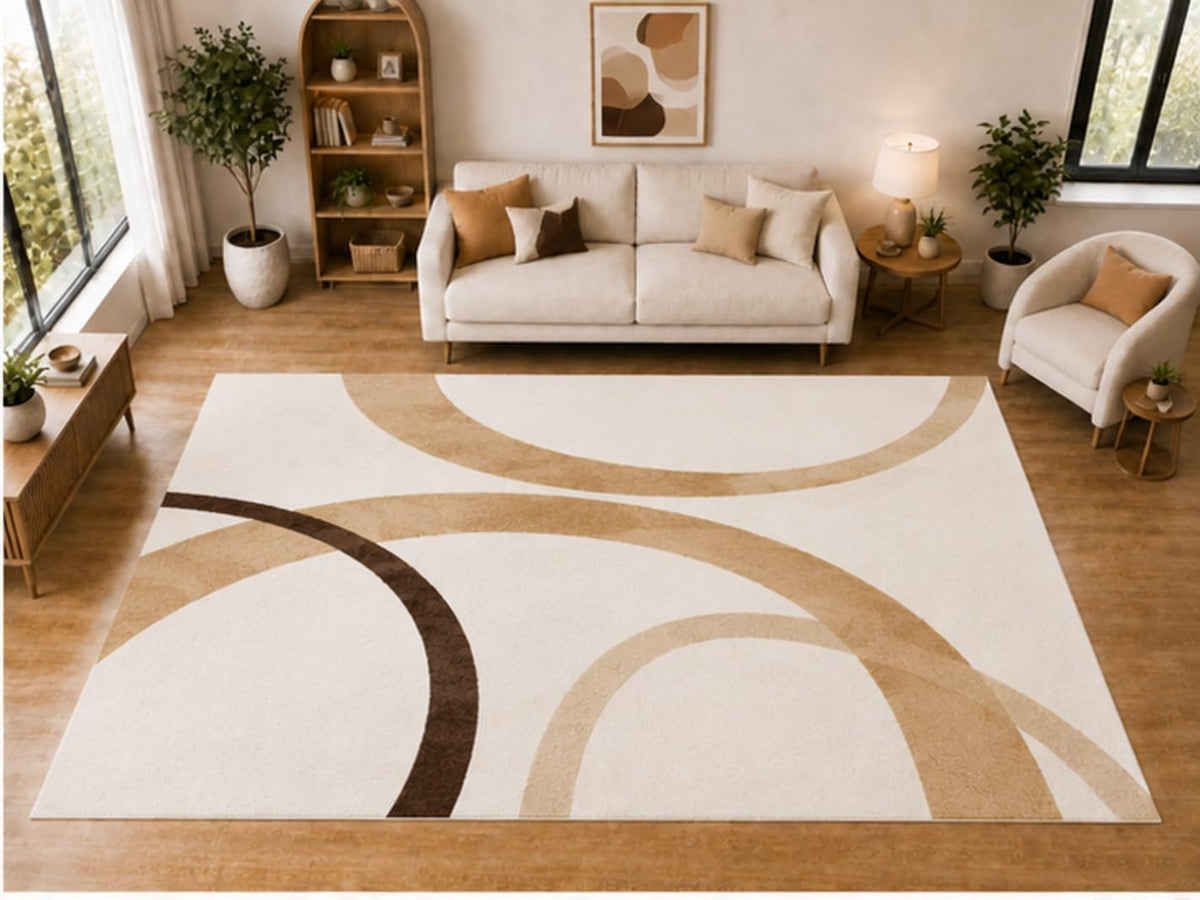 ICE ARMOR "Ultra Light Weight Large 6'7 x 9'10 Beige Sweeping Arc Pattern Area Rug for Living Room Bedroom Dining Room Soft Low Pile Indoor Carpet Modern Neutral Floor Decor