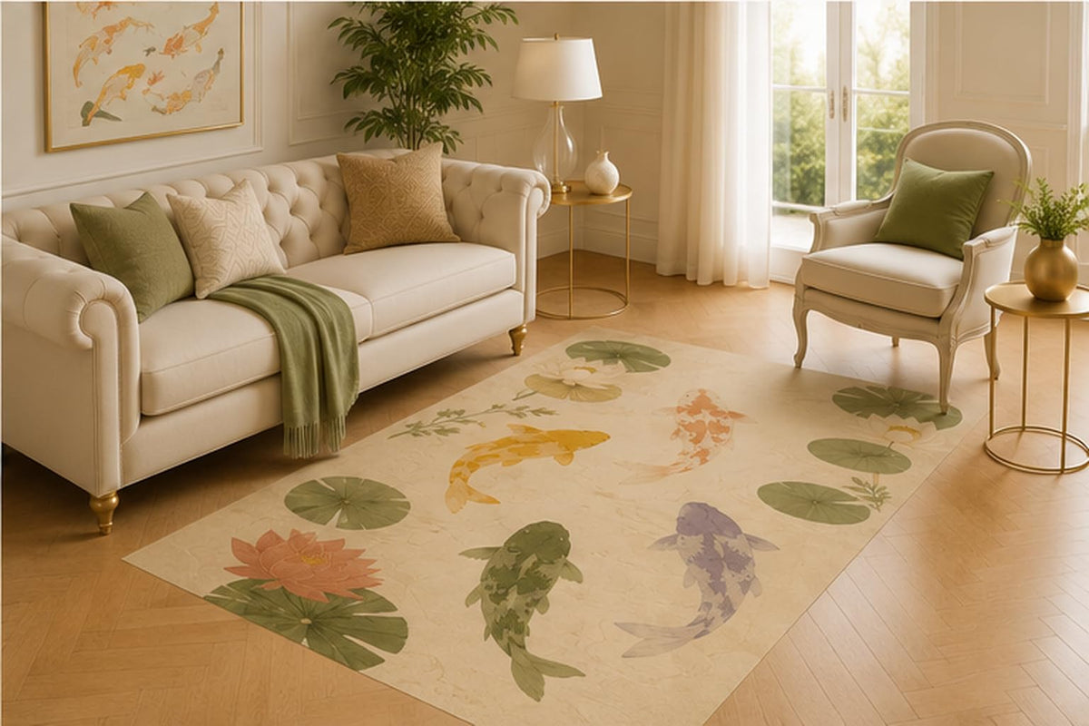 ICE ARMOR 5' x 7' Koi Pond Lotus Area Rug for Living Room, Soft Low Pile Decorative Floor Cover with Non-Slip Silicone Backing for Bedroom, Dining Space, Office, Kids and Pets